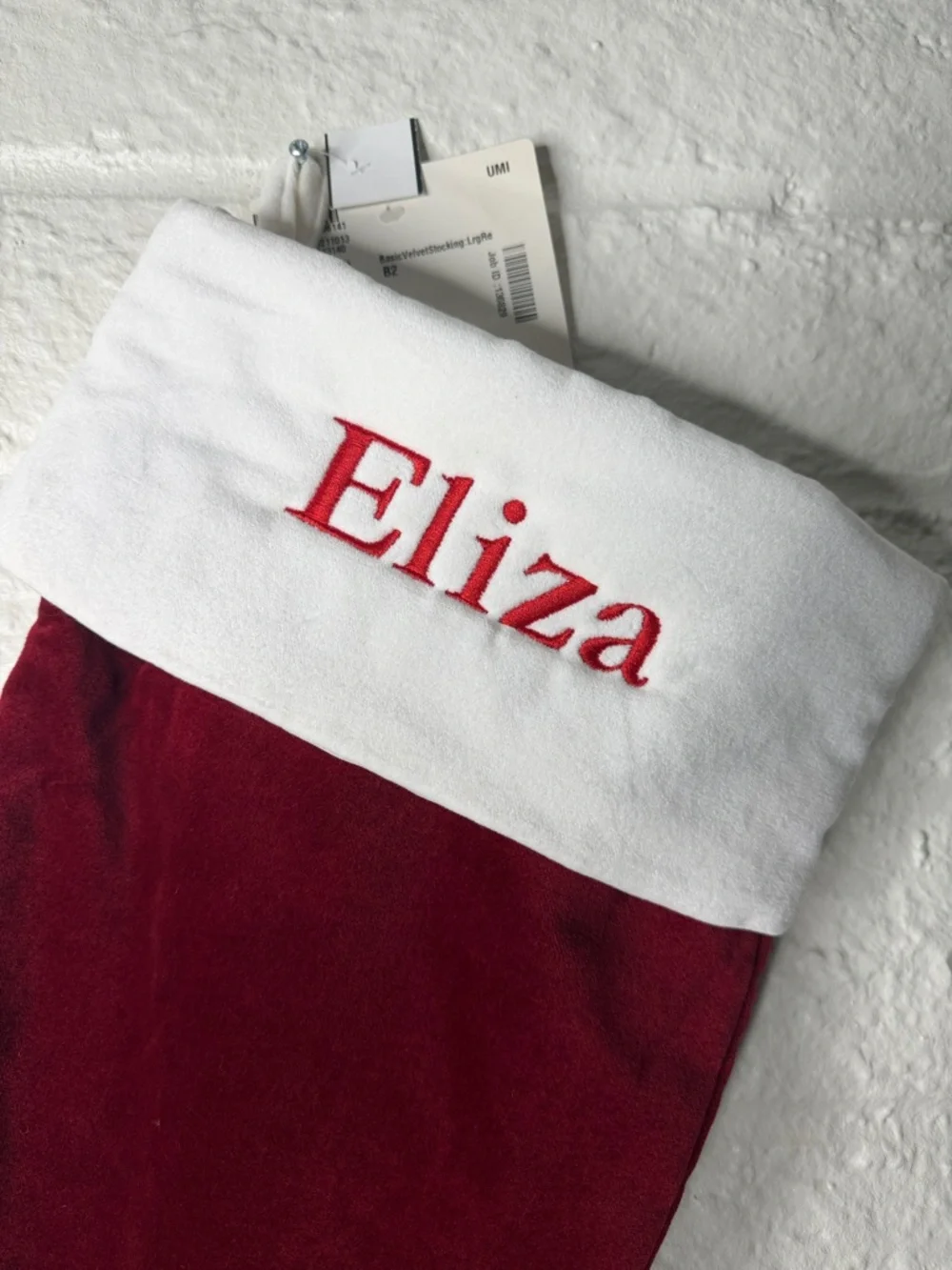 Extra Large Pottery Barn Classic Velvet Stocking Red w/White “Eliza”